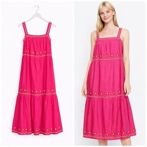 Ann Taylor LOFT Women’s Pink Embroidered Square Neck Boho Midi Dress Size Large